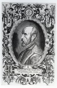 Abraham Ortelius, Frontispiz zu seinem Theatrum Orbis Terrarum, 1579 von Flemish School
