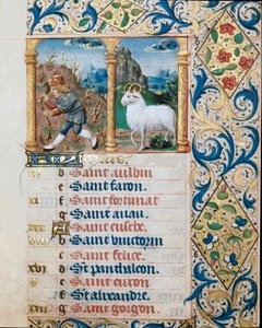 Kalender, Monat März, ein Bauer sät und der Widder (Seite aus einem Stundenbuch) von Flemish School