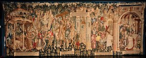 Kathedrale (La Seo, Catedral del Salvador de Zaragoza). Das Wandteppichmuseum. Flämischer Wandteppich. Die Legende vom Heiligen Kreuz (La leyenda de la Santa Cruz). Ca. 1450. 430x1120cm. von Flemish School