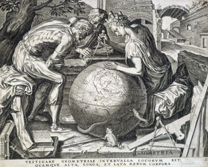 Charaktere, die sich über den Globus beugen mit Kompass (Allegorie der Geometrie) - Gravur, Flandern von Flemish School