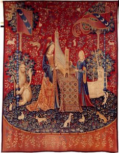 Vorhang der Dame mit dem Einhorn: Das Gehör. Woll- und Seidentapisserie, hergestellt zwischen 1484 und 1500. Aus dem Schloss Boussac, Creuse. Paris, Nationalmuseum des Mittelalters, Thermes de Cluny von Flemish School