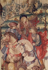 Detail von Trompetern zu Pferd, aus dem Wandteppich von David und Bathseba, 1510-15