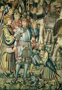 Detail von Uria dem Hethiter, der bewaffnet wird, aus Die Reiter versammeln sich, aus dem Wandteppich von David und Bathseba, ca. 1510-15