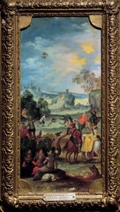 Falkenjagd Szene Jagd und Rast auf dem Land. Gemälde der flämischen Schule. Anfang des 17. Jahrhunderts. Dijon, Museum der Schönen Künste