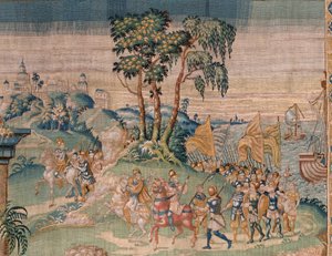 Flämischer Wandteppich. Alexander wird eine Krone angeboten. Atelier von Oudenaarde. 384x316cm. Inv (83024)-5 / 00009. 17. Jahrhundert.