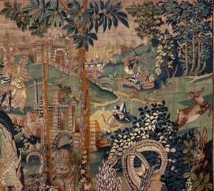 Flämischer Wandteppich. Landschaft mit Pergola und großen Tieren, mit 2 Säulen. Atelier von Oudenaarde. 319x508cm. Inv 0023. 17. Jahrhundert.