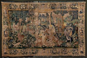 Flämischer Wandteppich. Landschaft mit Pergola und großen Tieren, mit 2 Säulen. Atelier von Oudenaarde. 17. Jahrhundert von Flemish School