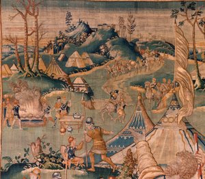 Flämischer Wandteppich. Militärlager am Fluss Granikos. Atelier von Oudenaarde. 377x393cm. Inv 83104-9 /00011. 17. Jahrhundert.
