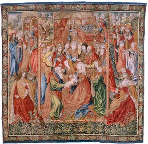 Flämischer Wandteppich. Serie Episoden aus dem Leben der Jungfrau Maria; Darstellung im Tempel (Presentación en el Templo). Zweiter Wandteppich der Serie. Modelle Jan van Roome (oder van Brussel) zugeschrieben. Herstellung Pieter van Aelst, Brüssel. Ca 150