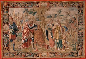 Flemischer Wandteppich. Serie Esau und Jakob. Begegnung zwischen Jakob und Esau. Dritter Wandteppich in der Serie. Herstellung Niederlande, zweite Hälfte des 16. Jahrhunderts. Stoff Wolle. Standort Kirche des Heiligen Nikolaus von Bari (Museum eröffnet).