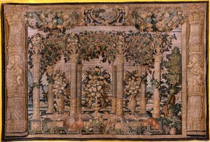 Flämischer Wandteppich. Serie Galerien mit Tieren oder Galerien von Spalieren. Zweiter der Serie. Seide und Wolle. 17. Jahrhundert. von Flemish School