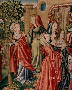 Flämischer Wandteppich. Serie Menschliche Erlösung oder Laster und Tugenden. Laster führen den Menschen zur Sünde (Los Vicios conducen al Hombre al pecado). Zweiter Wandteppich in der Serie (erster der in Palencia aufbewahrt wird. Brüsseler Herstellung, We von Flemish School