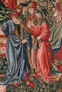 Flämischer Wandteppich. Serie Menschliche Erlösung oder Laster und Tugenden. Die Tugenden fordern die Laster heraus, als Christus sein Amt antritt. Sechster Wandteppich der Serie (dritter der in Palencia aufbewahrten).