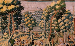 Flandrischer Wandteppich. Serie Geschichte des Cyrus. Nr. II Astyages erkennt Cyrus. Anonym, basierend auf Michiel Coxcie. Atelier Antwerpen. Ca. 1590.