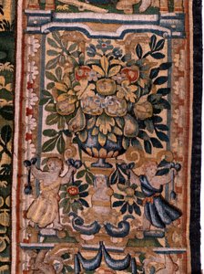 Flämischer Wandteppich. Serie Geschichte von Cyrus. Nr. V Kampf zwischen zwei Kriegern und Tod von Cyrus (Combate de dos guerreros y muerte de Ciro). Anonym, basierend auf Michiel Coxcie. Atelier Antwerpen. Seide und Wolle. Ca 1590. von Flemish School