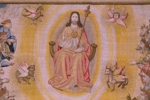 Flämischer Wandteppich. Serie Die Apokalypse: Der heilige Michael besiegt den Drachen. Atelier Willem Dermoyen, Brüssel. Ca. 1553-1555. (Detail) von Flemish School