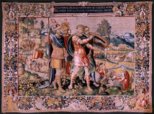 Flämischer Wandteppich. Serie Die Geschichte von Hannibal. Der Alpenübergang. Zweiter erhaltener Wandteppich. Modelle Anonymer Meister der Niederlande. Brüsseler Herstellung, Werkstatt. Ca. 1570. Stoff Wolle und Seide von Flemish School