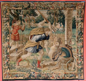 Flemischer Wandteppich. Serie Die Arbeiten des Herkules. Herkules im Garten der Hesperiden. Fünfter Wandteppich in der erhaltenen Serie. Modell Unbekannt. Herstellung Willem Dermoyen, Brüssel. Ca. 1528. Stoff Seide und Wolle. von Flemish School