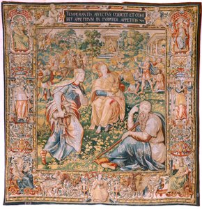 Flämischer Wandteppich. Serie Die Sieben Tugenden. Mäßigung (La Templanza). Modell basierend auf Michiel Coxcie. Herstellung Brüssel. Hergestellt von Frans Geubels. Ca. 1560-1570. Seide und Wolle. Größe 330 x 320 cm. Standort Kathedrale von Burgos.