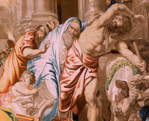 Flämischer Wandteppich. Serie Der Triumph der Eucharistie. Sieg der Eucharistie über heidnische Opfer. Vierter Wandteppich der Serie. Modell Peter Paul Rubens. 1626-1628. Herstellung Jan II Raes, Jac von Flemish School