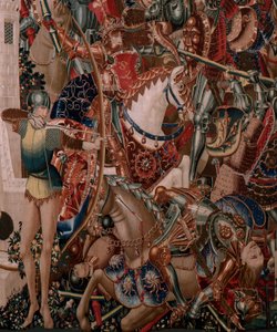 Flämischer Wandteppich. Serie Unbekannt. Römische Geschichte? Tarquinius Priscus. Herstellung Brüsseler Werkstätten?. Ca. 1475. Stoff Wolle und Seide, 6 Kettfäden pro cm. Herkunft Eine Spende von Graf Alba de Aliste, sie kam 1608 in die Kathedrale. Standor von Flemish School