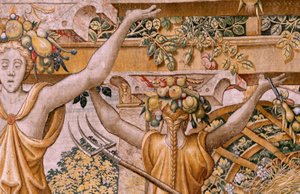 Flandrischer Wandteppich. Serie Vertumnus und Pomona. Nr. II Vertumnus verwandelt sich in einen Bauern. Modelle aus dem Kreis von Pieter Coecke Van Aelst und Léonard Thiry. Atelier unbekannt, Brüssel.