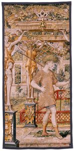 Flämischer Wandteppich. Serie Vertumnus und Pomona. Nr. II Vertumnus verwandelt sich in einen Bauern. Modelle Kreis von Pieter Coecke Van Aelst und Léonard Thiry. Atelier unbekannt, Brüssel. Gold, Seide und Wolle.