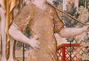 Flemischer Wandteppich. Serie Vertumnus und Pomona. Nr. II Vertumnus verwandelt sich in einen Bauern. Modelle Kreis von Pieter Coecke Van Aelst und Léonard Thiry. Atelier unbekannt, Brüssel. Gold, Seide und Wolle.