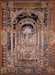 Flämischer Wandteppich. Serie Vertumnus und Pomona. Siebter Wandteppich der Serie; Vertumnus verwandelt sich in einen Fischer (zentraler Teil). Modelle Kreis von Pieter Coecke Van Aelst und Léonard Thiry. Herstellung Unbekannte Werkstatt, Brüssel. Vor 1550 von Flemish School