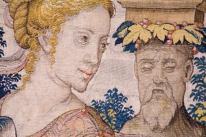 Flämischer Wandteppich. Serie Vertumnus und Pomona: Vertumnus verwandelt in einen Bauern. Atelier Willem de Pannemaker. Ca. 1545-1550. (Detail)
