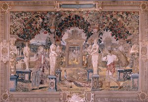 Flämische Tapisserie. Serie Vertumnus und Pomona. Vertumnus verwandelt sich in einen Erntearbeiter. Erster Wandteppich in der Serie. Modell Kreis von Pieter Coeck van Aelst. Herstellung Wilhelm Pannemaker, Brüssel. Ca 1545-1550.