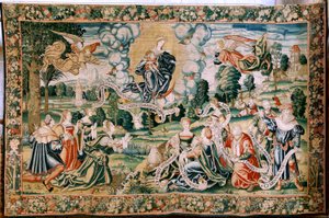 Flämische Tapisserie. Serie der Hagel. Ad te clamamus. Zweiter Wandteppich in der Serie. Herstellung Brüsseler Werkstätten, eine mögliche Herstellung durch Marc Crétif. Ca 1528. Größe 429 x 646 cm. Stoff Seide und Wolle. Standort Kathedrale von Palencia. U