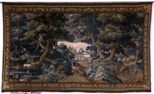 Flämischer Wandteppich. Verdure. Liebesszene. Oudenaarde. Ende 17. bis Anfang 18. Jahrhundert. Eigentum der Kirche Sint-Walburgakerk Oudenaarde (Dekenij van de Sint-Walburga). (Detail) von Flemish School