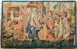 Ehemalige Kathedrale (Ancienne cathédrale Notre-Dame). Museumssammlungen. Flämischer Wandteppich. Die Anbetung der Könige. Auftrag von Bischof Jean de Mauléon. Teil einer Serie, die ursprünglich über dem Jubé (Lettner) hing. 16. Jahrhundert.