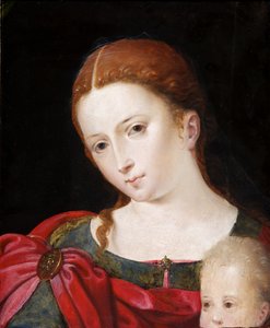 Kopf und Schultern eines Mädchens im roten Umhang über blauem Kleid, ca. 1550 von Flemish School