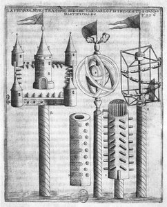 Wie man Feuerwerk zündet, Illustration aus Tratado de Artilleria von Diego Ufano, Brüssel, 1613 von Flemish School