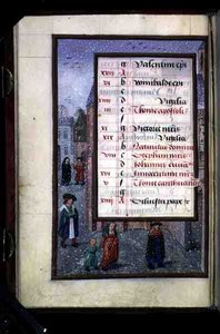 Ms 1058-1975 f12v Schnee in einer Straße, illuminierte Kalenderseite für Dezember, aus einem Stundenbuch, ca. 1500 von Flemish School