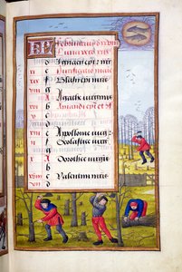 Ms 1058-1975 f2r Bäume fällen und Reisigbündel binden, illuminierte Seite für Februar, aus einem Stundenbuch, ca. 1500