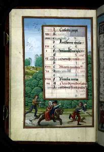 Ein Herr und seine Dame reiten mit der Jagd, beleuchtete Kalenderseite für April, aus einem Stundenbuch, ca. 1500