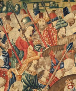 Pfarrmuseum der Wandteppiche. Flämischer Wandteppich. Eroberung von Tanger. Serie Eroberungen von König Alfons I. von Portugal. Tournai. Detail. Wolle