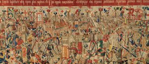 Pfarrmuseum der Wandteppiche (Museo Parroquial de Tapices de Pastrana). Flemischer Wandteppich. Eroberung von Arcila. Serie Eroberungen von König Alfons I. von Portugal. Tournai.