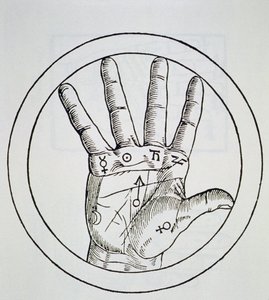 Position der Planeten auf der rechten Hand, Kopie einer Illustration aus De Occulta Philosophia Libri III, von Henricus Cornelius Agrippa, Antwerpen 1533, verwendet in einer Geschichte der Magie, veröffentlicht im späten 19. Jahrhundert von Flemish School