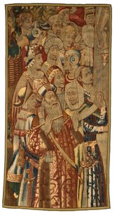 Wandteppich, Eine jüdische Versammlung, hergestellt in Flandern, Belgien, möglicherweise Mitte des 15. Jahrhunderts