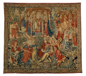 Wandteppich, Eine moralische Allegorie des Menschen oder Gerechtigkeit, die den Menschen angreift, hergestellt in Flandern, Belgien, um 1500 von Flemish School