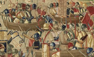 Wandteppich zeigt die Eroberungen von König Alfons V. von Portugal (Conquistas de Alfonso V de Portugal), Tournai. Detail. von Flemish School
