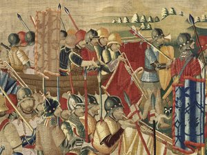 Wandteppich, der die Eroberungen von König Alfons V. von Portugal zeigt (Detail)