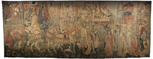 Wandteppich, der die Eroberungen von König Alfons V. von Portugal zeigt, Tournai. Detail.
