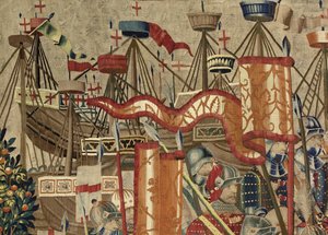 Wandteppich, der die Eroberungen von König Alfons V. von Portugal zeigt, Tournai. Detail.