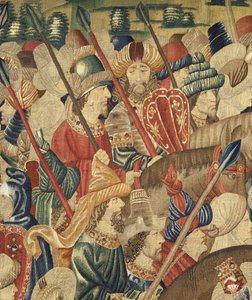 Wandteppich, der die Eroberungen von König Alfons V. von Portugal zeigt, Tournai. Detail.