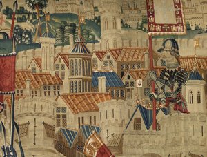 Wandteppich zeigt die Eroberungen von König Alfons V. von Portugal (Conquistas de Alfonso V de Portugal), Tournai. Detail von Flemish School